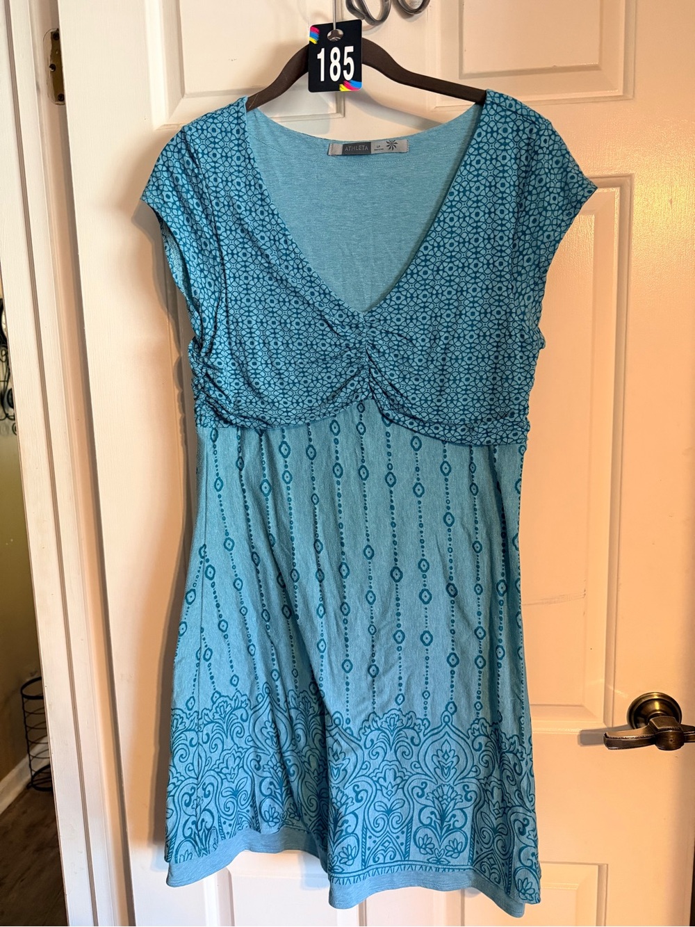 Athleta Teal Blue Patterned V-Neck Midi Dress
